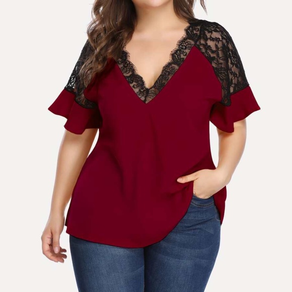 PLUS SIZE V neck Lace Flutter Sleeve Top Red - Picture 8 of 8